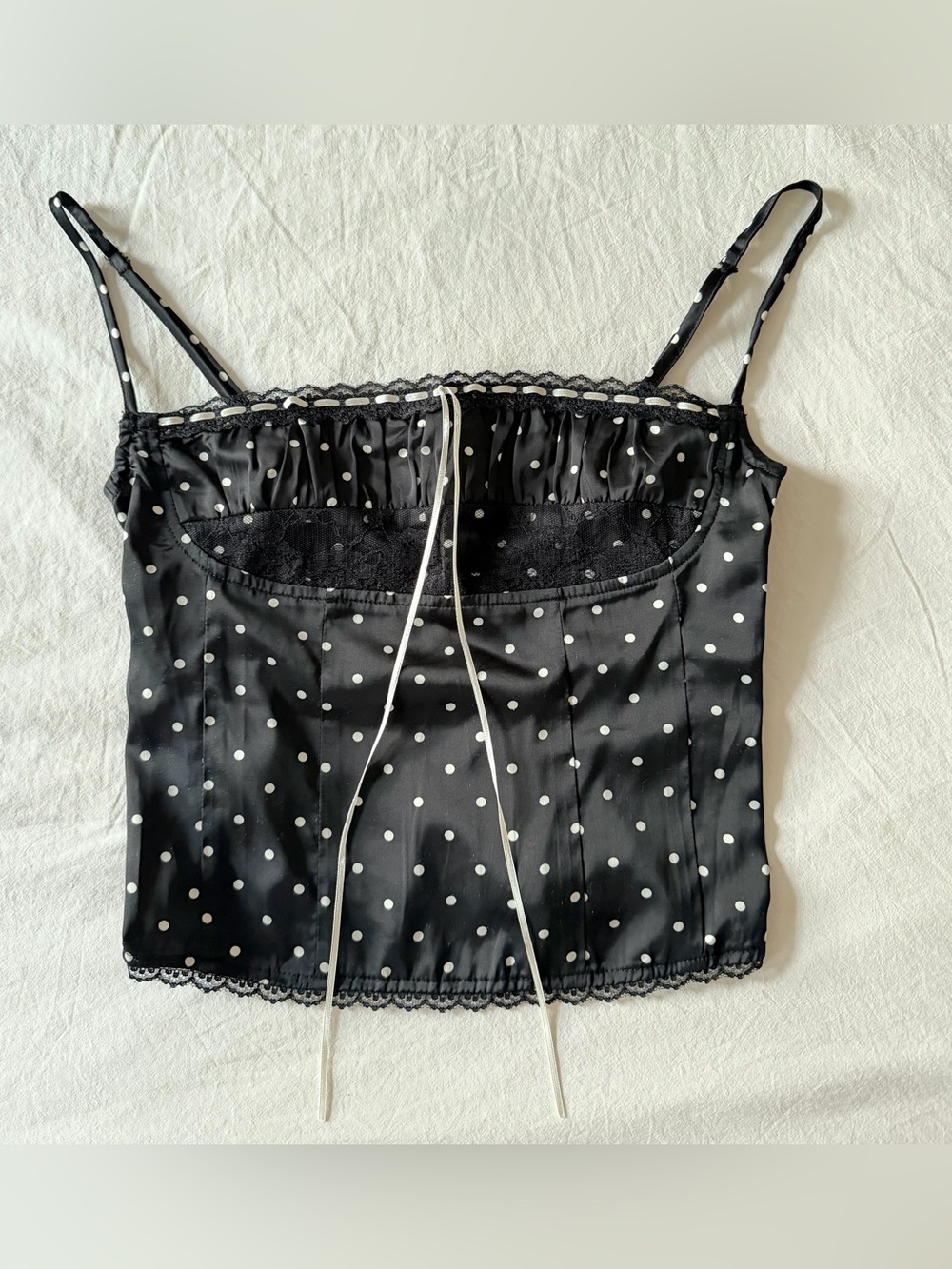 Polka Dot Lace-Trim Cami Tank Top Adjustable Straps - Black/White